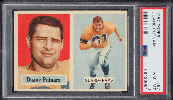 1957 Topps FB Card # 87 Duane Putnam Los Angeles Rams ROOKIE RC PSA 8 NM-MT (MGD2)