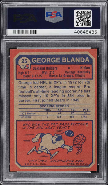 1973 Topps FB Card # 25 George Blanda Oakland Raiders HOF PSA 9 MINT (MGD2)