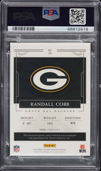 2016 National Treasures FB Card # 30 Randall Cobb PATCH AUTO /10 PSA 9 MINT (MGD2)