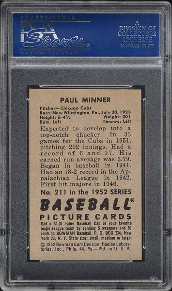 1952 Bowman BB Card #211 Paul Minner Chicago Cubs ROOKIE RC PSA 8 NM-MT (MGD2)