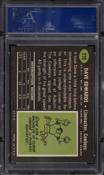 1969 Topps FB Card #210 Dave Edwards Dallas Cowboys ROOKIE RC PSA 8 NM-MT (MGD2)