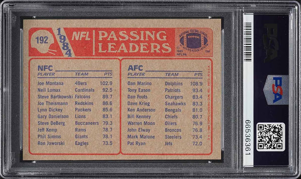 1985 Topps FB Card #192 Dan Marino, Joe Montana PASSING LDRS PSA 8 NM-MT (MGD2)