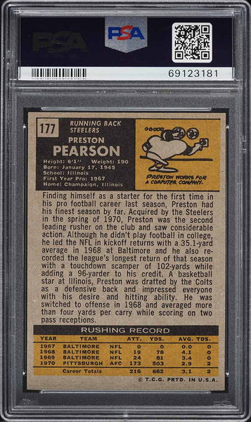 1971 Topps FB Card #177 Preston Pearson Pittsburgh Steelers ROOKIE RC PSA 7 NRMT (MGD2)