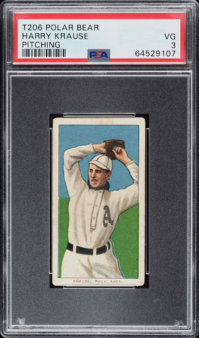 1909-11 T206 Harry Krause Philadelphia, PITCHING, POLAR BEAR PSA 3 VG (MGD2)