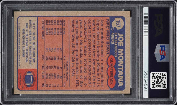 1985 Topps FB Card #157 Joe Montana San Francisco 49ers HOF PSA 8.5 NM-MT+ (MGD2)