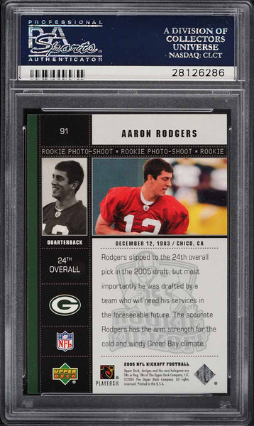 2005 Upper Deck Kickoff FB Card # 91 Aaron Rodgers ROOKIE RC PSA 10 GEM MINT (MGD2)