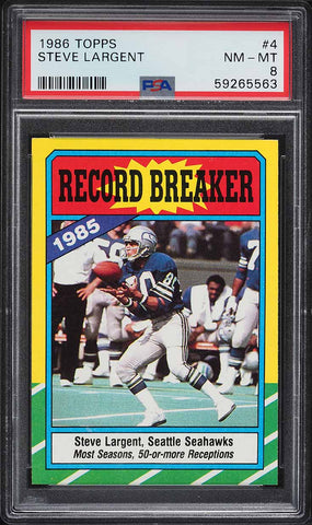 1986 Topps FB Card # 4 Steve Largent RECORD BREAKER HOF PSA 8 NM-MT (MGD2)