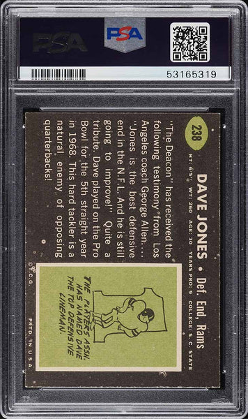 1969 Topps FB Card #238 Deacon Jones Los Angeles Rams HOF PSA 7 NRMT (MGD2)