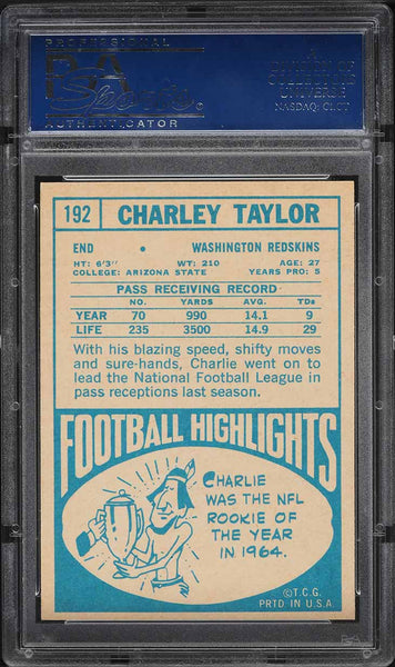 1968 Topps FB Card #192 Charley Taylor Washington Redskins HOF PSA 8 NM-MT (MGD2)