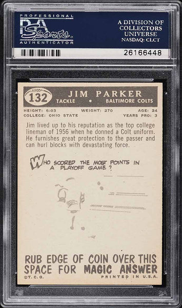 1959 Topps FB Card #132 Jim Parker Baltimore Colts ROOKIE RC HOF PSA 8 NM-MT (MGD2)