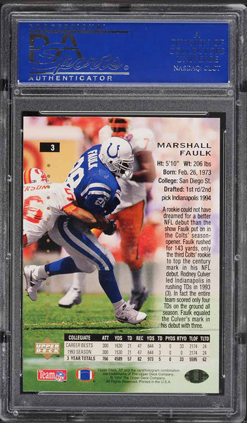 1994 SP FB Card # 3 Marshall Faulk Indianapolis Colts HOF ROOKIE RC FOIL PSA 9 (MGD2)