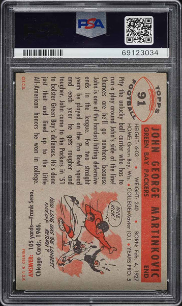 1956 Topps FB Card # 91 John Martinkovic Green Bay Packers HOF PSA 6 EXMT (MGD2)