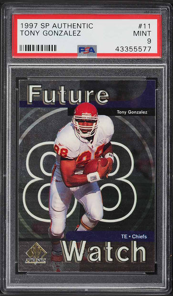 1997 SP Authentic FB Card # 11 Tony Gonzalez KC Chiefs HOF ROOKIE RC PSA 9 (MGD2)