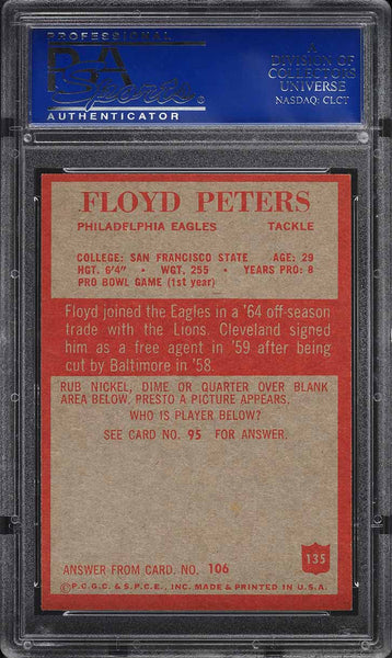 1965 Philadelphia FB Card #135 Floyd Peters Eagles ROOKIE RC PSA 8 NM-MT (MGD2)