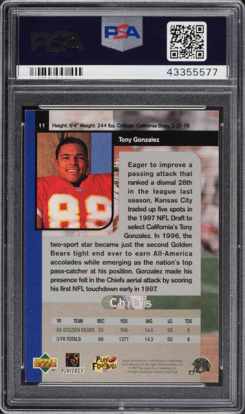 1997 SP Authentic FB Card # 11 Tony Gonzalez KC Chiefs HOF ROOKIE RC PSA 9 (MGD2)