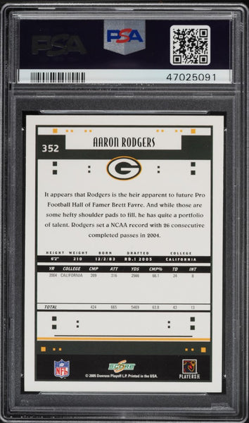 2005 Score FB Card #352 Aaron Rodgers Green Bay Packers ROOKIE RC PSA 8 NM-MT (MGD2)