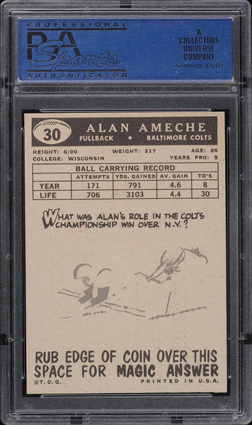 1959 Topps FB Card # 30 Alan Ameche Baltimore Colts HOF PSA 8 NM-MT (MGD2)