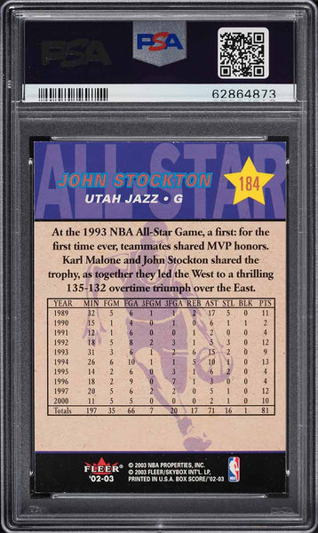 2002 Fleer Box Score BkB Card #184 John Stockton Utah Jazz HOF PSA 8 NM-MT (MGD2)