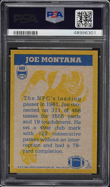 1982 Topps FB Card #489 Joe Montana San Francisco 49er HOF IN ACTION PSA 8 NM-MT (MGD2)