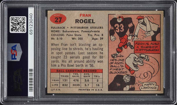 1957 Topps FB Card # 27 Fran Rogel Pittsburgh Steelers PSA 6 EXMT (MGD2)