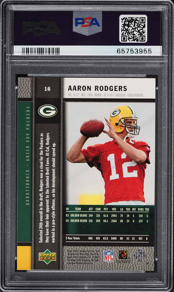 2005 Upper Deck Rookie Premiere FB Card # 16 Aaron Rodgers RC PSA 10 GEM MINT (MGD2)