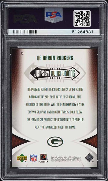 2005 Upper Deck FB Card # 72 Aaron Rodgers ROOKIE MINI JERSEY COLLECTION PSA 10 (MGD2)