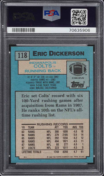 1988 Topps FB Card #118 Eric Dickerson Indianapolis Colts HOF ALL-PRO PSA 9 MINT (MGD2)