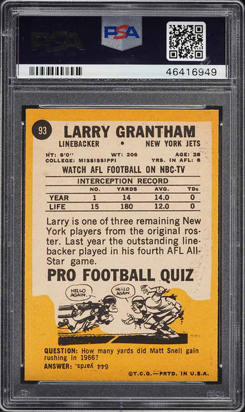 1967 Topps FB Card # 93 Larry Grantham New York Jets HOF PSA 8 NM-MT (MGD2)