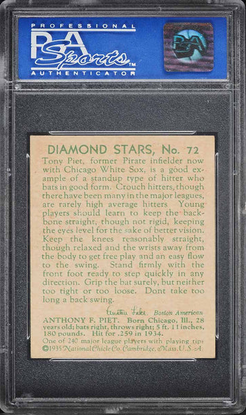 1935 Diamond Stars BB Card # 72 Tony Piet Chicago White Sox PSA 7 NRMT (MGD2)