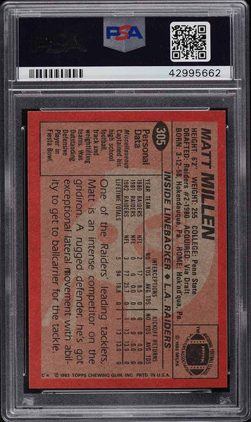 1983 Topps FB Card #305 Matt Millen Los Angeles Raiders PSA 9 MINT (MGD2)