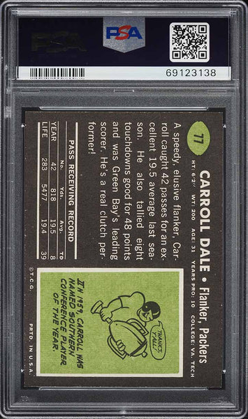 1969 Topps FB Card # 77 Carroll Dale Green Bay Packers HOF PSA 8 NM-MT (MGD2)