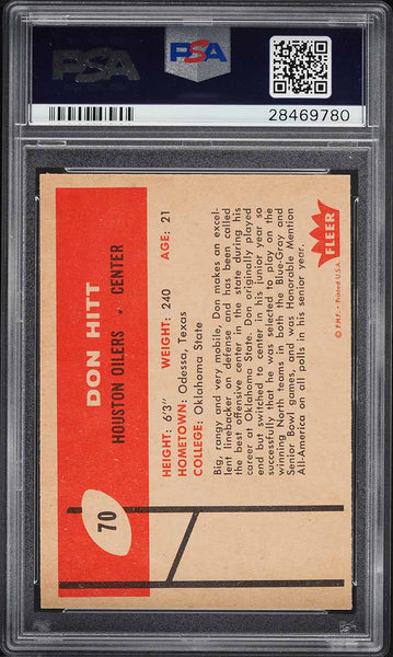 1960 Fleer FB Card # 70 Don Hitt Houston Oilers ROOKIE RC PSA 8.5 NM-MT+ (MGD2)