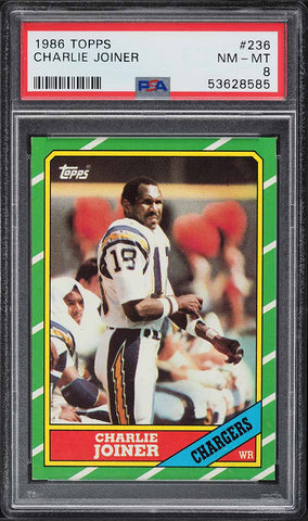 1986 Topps FB Card #236 Charlie Joiner San Diego Chargers HOF PSA 8 NM-MT (MGD2)