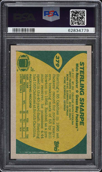 1989 Topps FB Card #379 Sterling Sharpe Green Bay Packers ROOKIE RC PSA 9 MINT (MGD2)