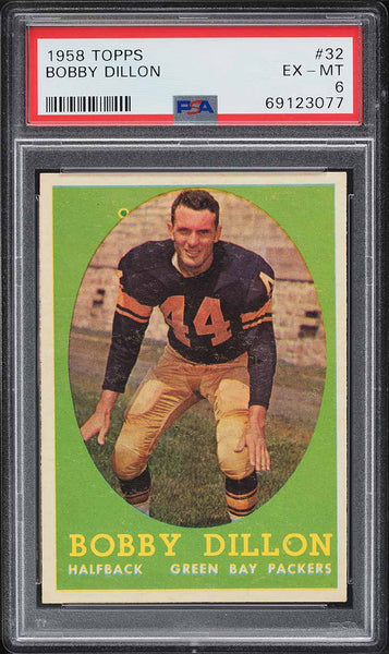 1958 Topps FB Card # 32 Bobby Dillon Green Bay Packers HOF PSA 6 EXMT (MGD2)