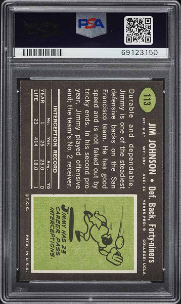 1969 Topps FB Card #113 Jimmy Johnson San Francisco 49ers HOF PSA 8 NM-MT (MGD2)