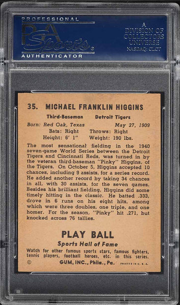 1941 Play Ball BB Card # 35 Pinky Higgins Detroit Tigers PSA 7 NRMT (MGD2)