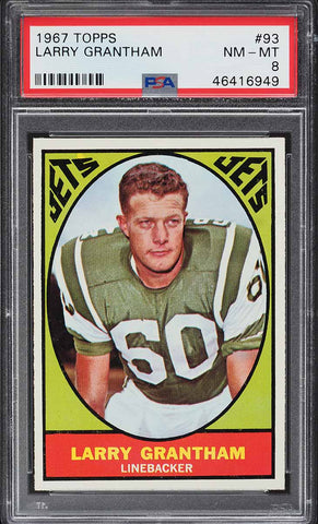 1967 Topps FB Card # 93 Larry Grantham New York Jets HOF PSA 8 NM-MT (MGD2)