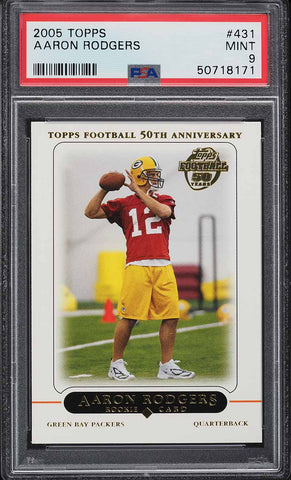 2005 Topps FB Card #431 Aaron Rodgers Green Bay Packers ROOKIE RC PSA 9 MINT (MGD2)