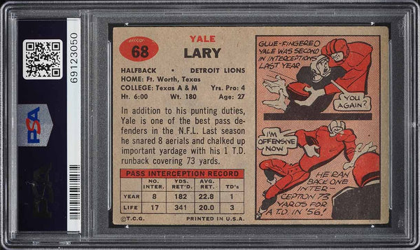 1957 Topps FB Card # 68 Yale Lary Detroit Lions HOF ROOKIE RC PSA 4.5 VGEX+ (MGD2)