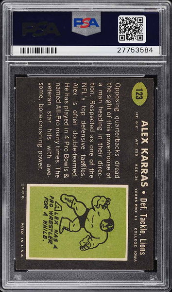 1969 Topps FB Card #123 Alex Karras Detroit Lions HOF PSA 8 NM-MT (MGD2)