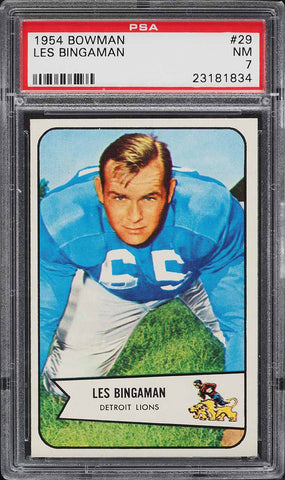 1954 Bowman FB Card # 29 Les Bingaman Detroit Lions ROOKIE RC PSA 7 NRMT (MGD2)