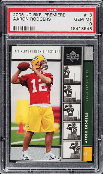 2005 Upper Deck Rookie Premiere FB Card # 16 Aaron Rodgers RC PSA 10 GEM MINT (MGD2)