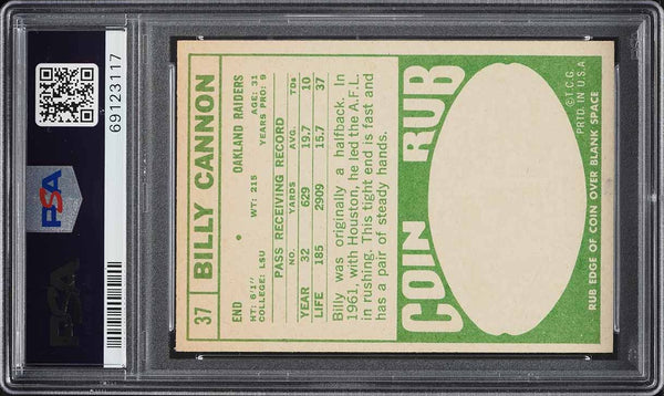 1968 Topps FB Card # 37 Billy Cannon Oakland Raiders HOF PSA 5 EX (MGD2)