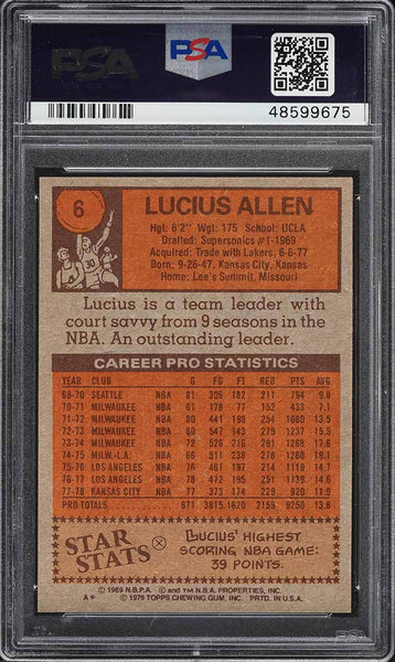 1978 Topps BkB Card # 6 Lucius Allen Kansas City Kings PSA 9 MINT (MGD2)