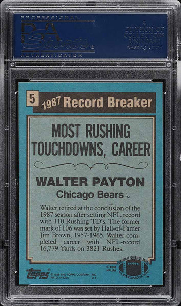 1988 Topps FB Card # 5 Walter Payton '87 RECORD BREAKER HOF PSA 10 GEM MINT (MGD2)