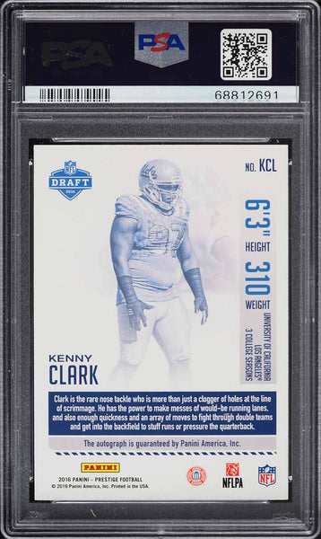 2016 Prime Prestige FB Card #KCL Kenny Clark ROOKIE RC AUTO PSA 10 GEM MINT (MGD2)