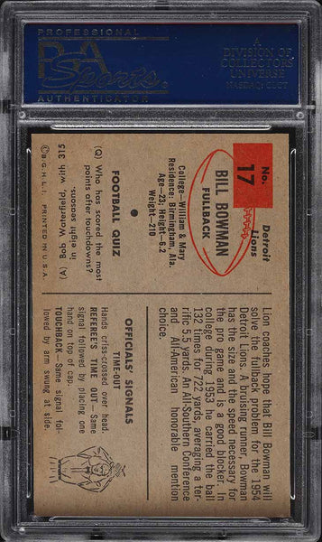 1954 Bowman FB Card # 17 Bill Bowman Detroit Lions ROOKIE RC PSA 8 NM-MT (MGD2)