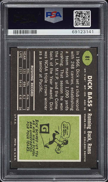 1969 Topps FB Card # 81 Dick Bass Los Angeles Rams PSA 8 NM-MT (MGD2)