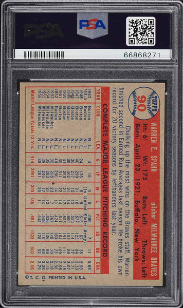 1957 Topps BB Card # 90 Warren Spahn Milwaukee Braves HOF PSA 7 NRMT (MGD2)